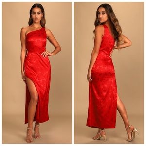 Lulu’s | Chasing Desire Red Satin Jacquard One-Shoulder Maxi Dress | Medium